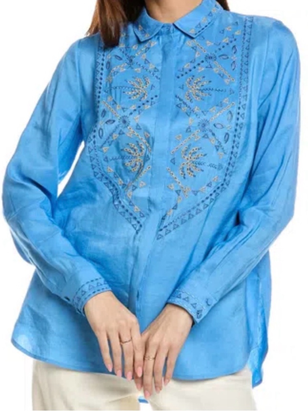 Kobi Halperin Blue Embroidered Button-Up Top, NWT.